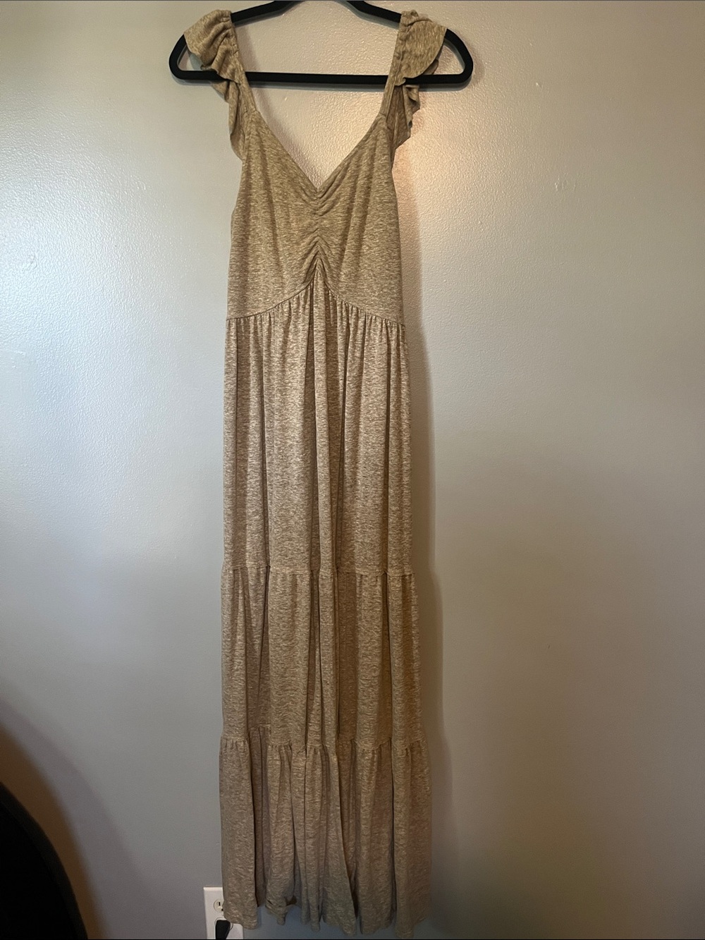 Free People Beige Tiered V-Neck Maxi Dress with Ruffle Straps